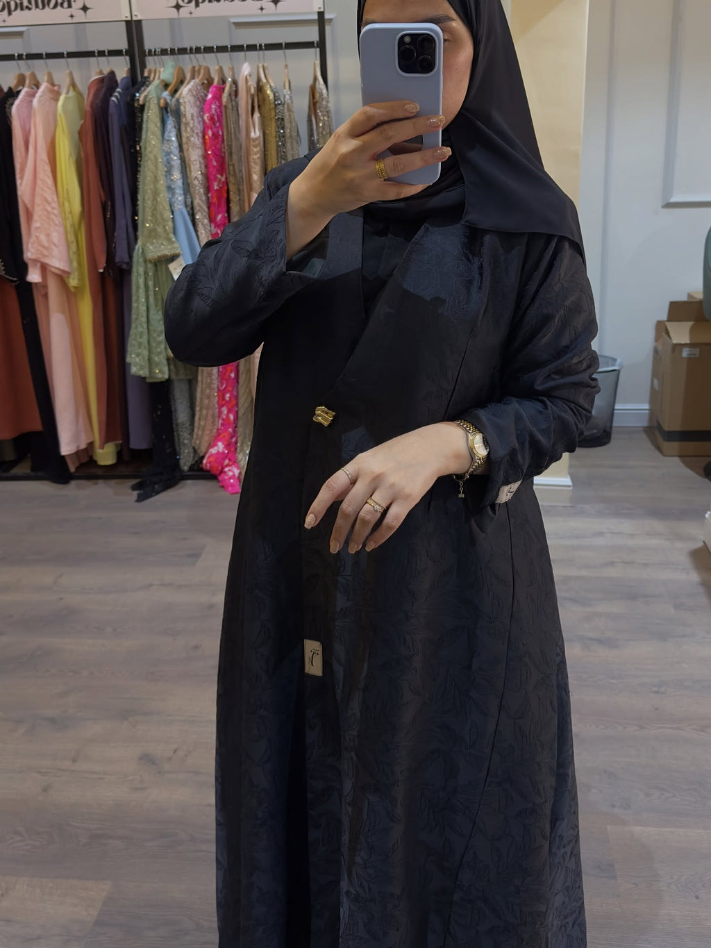 Noir Leaf Jacquard Abaya