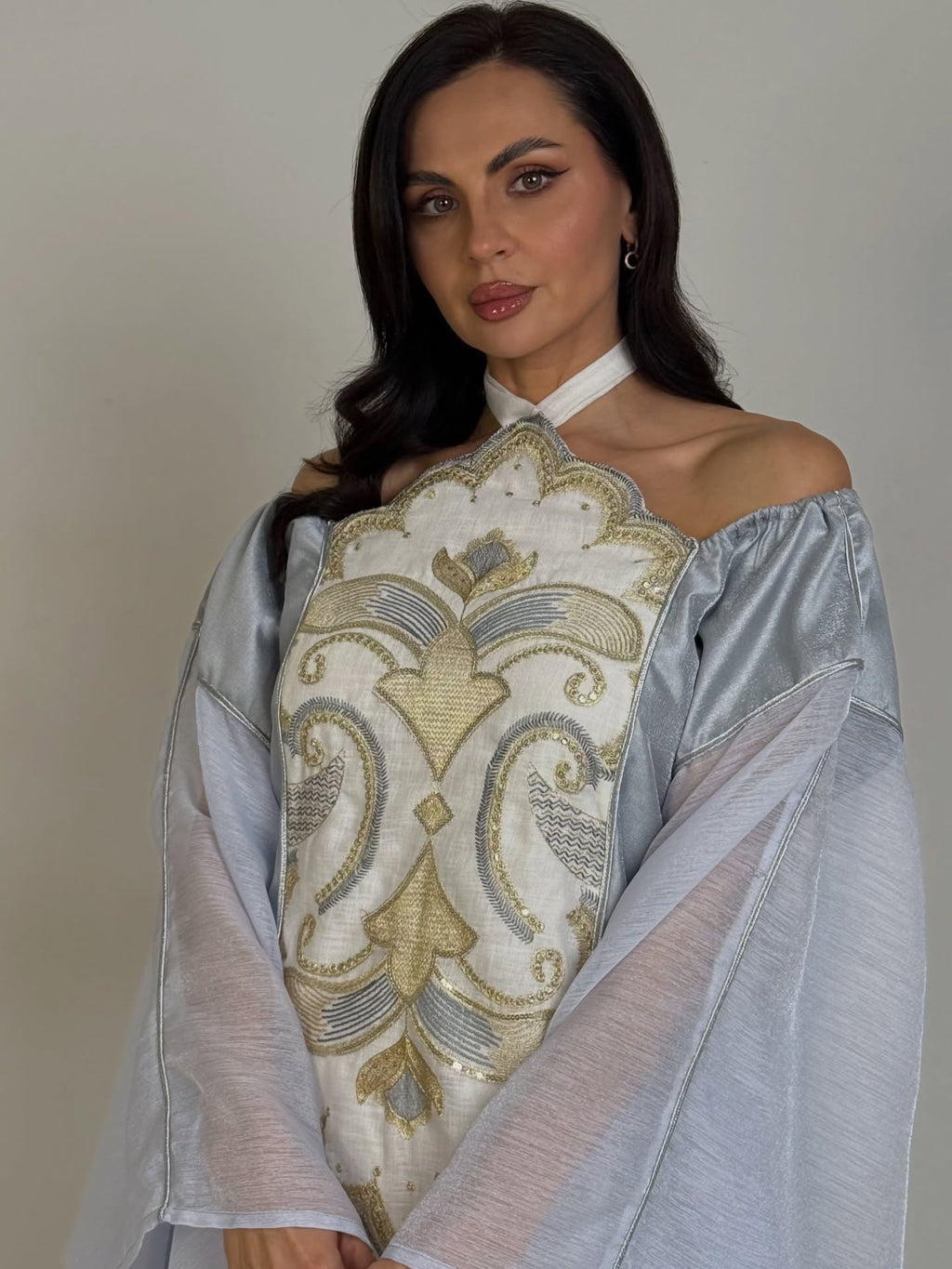 Pearl Icy-Blue Embroidered Kaftan Gown