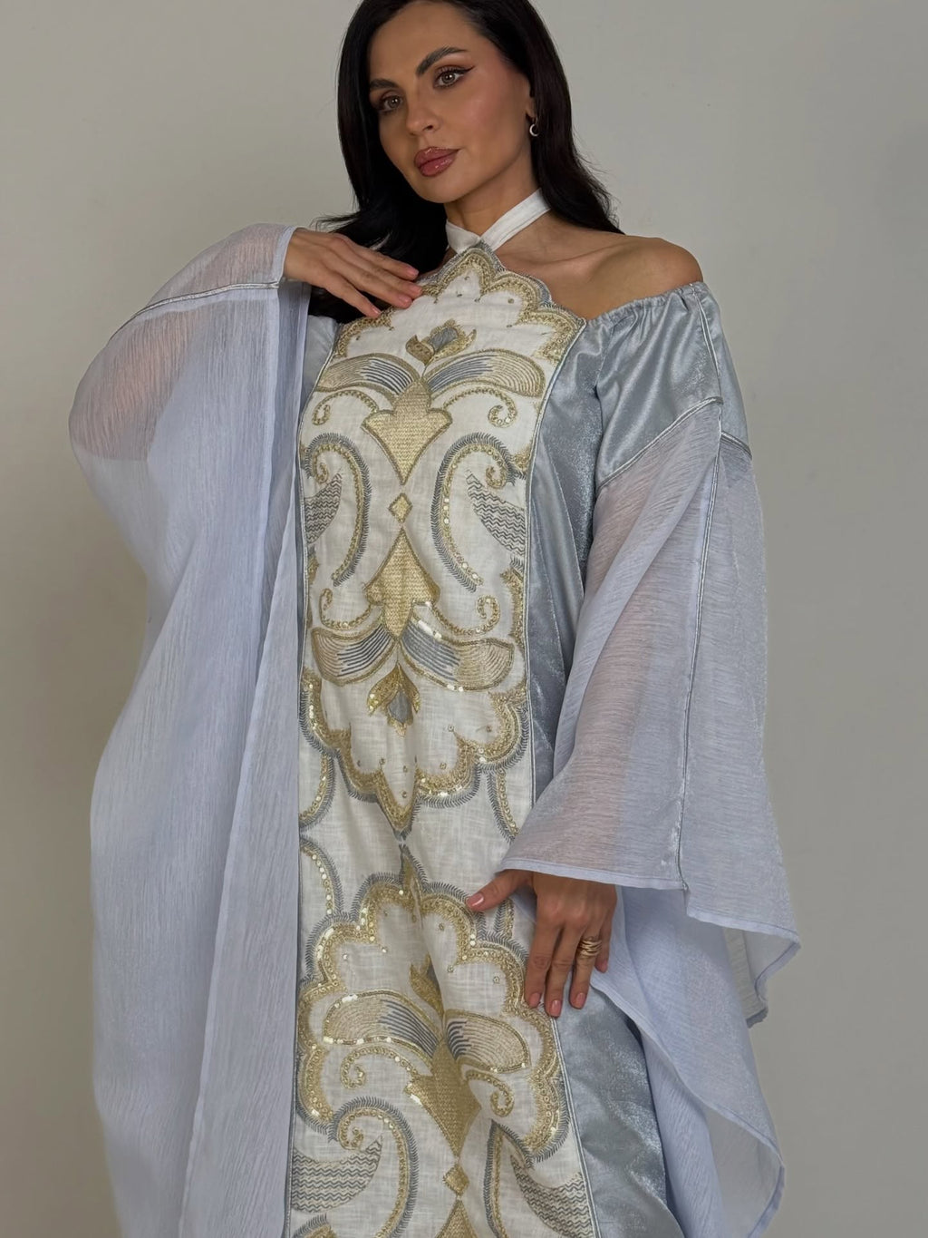 Pearl Icy-Blue Embroidered Kaftan Gown