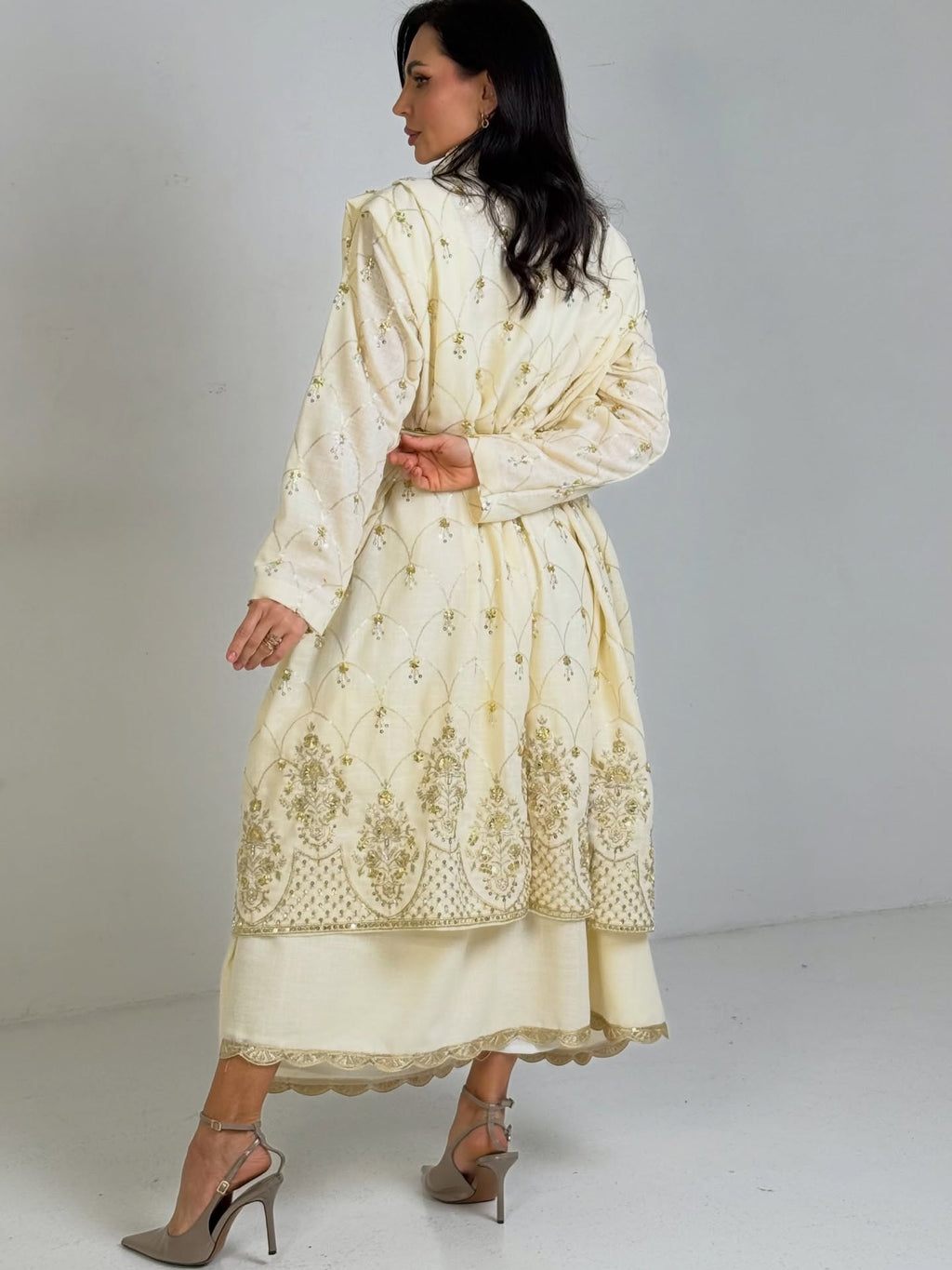 Ivory Gold-Scalloped Belted Gown