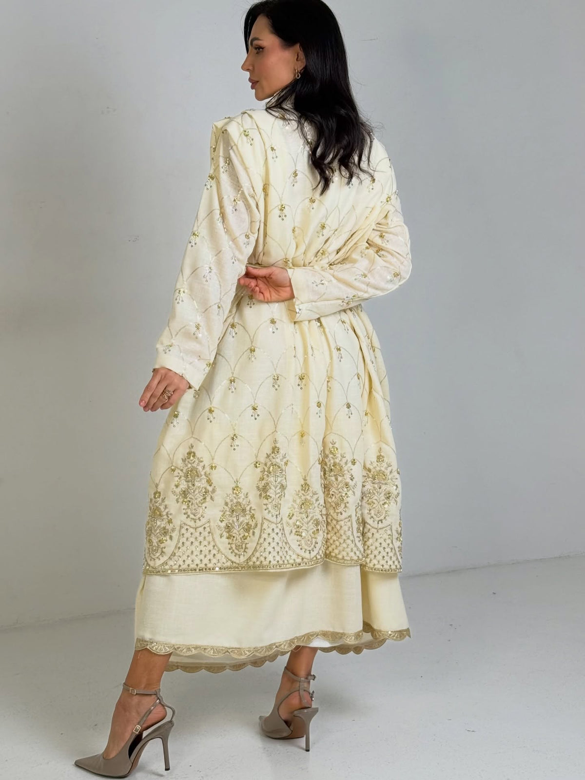 Ivory Gold-Scalloped Belted Gown