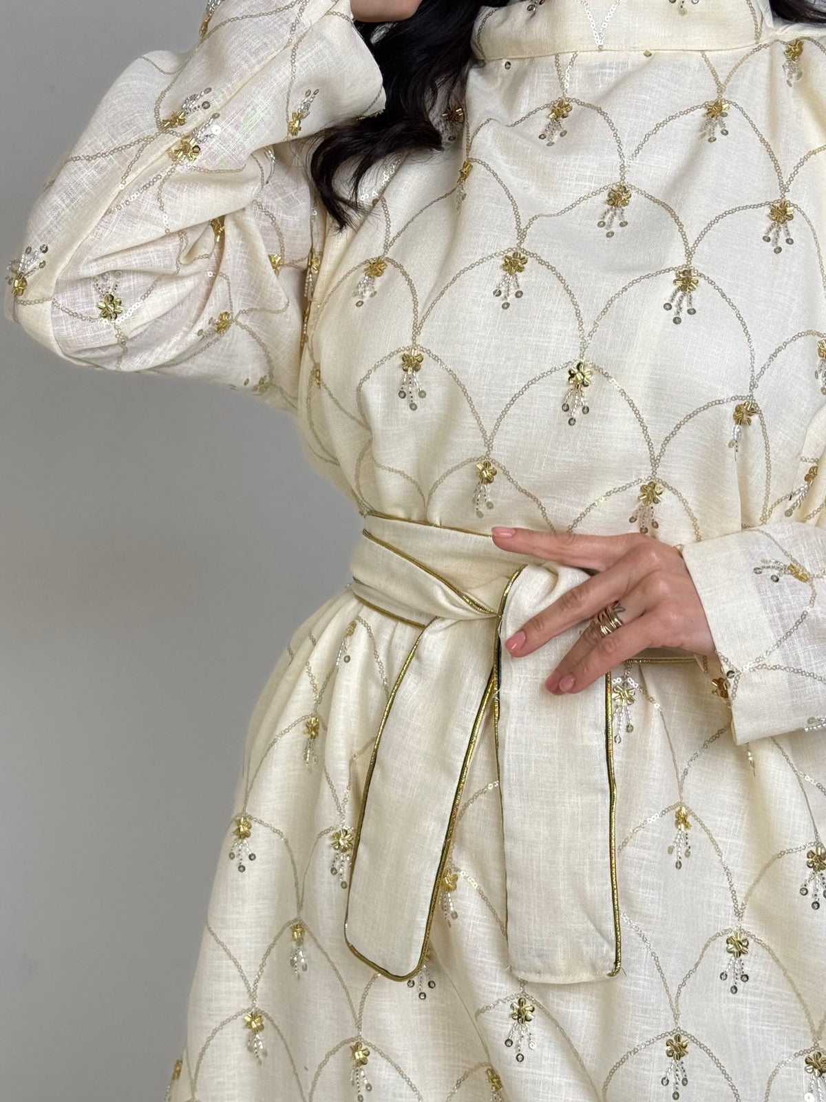 Ivory Gold-Scalloped Belted Gown