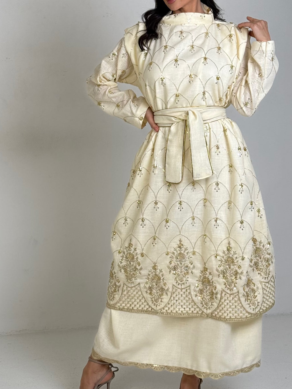 Ivory Gold-Scalloped Belted Gown