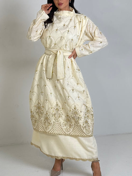 Ivory Gold-Scalloped Belted Gown