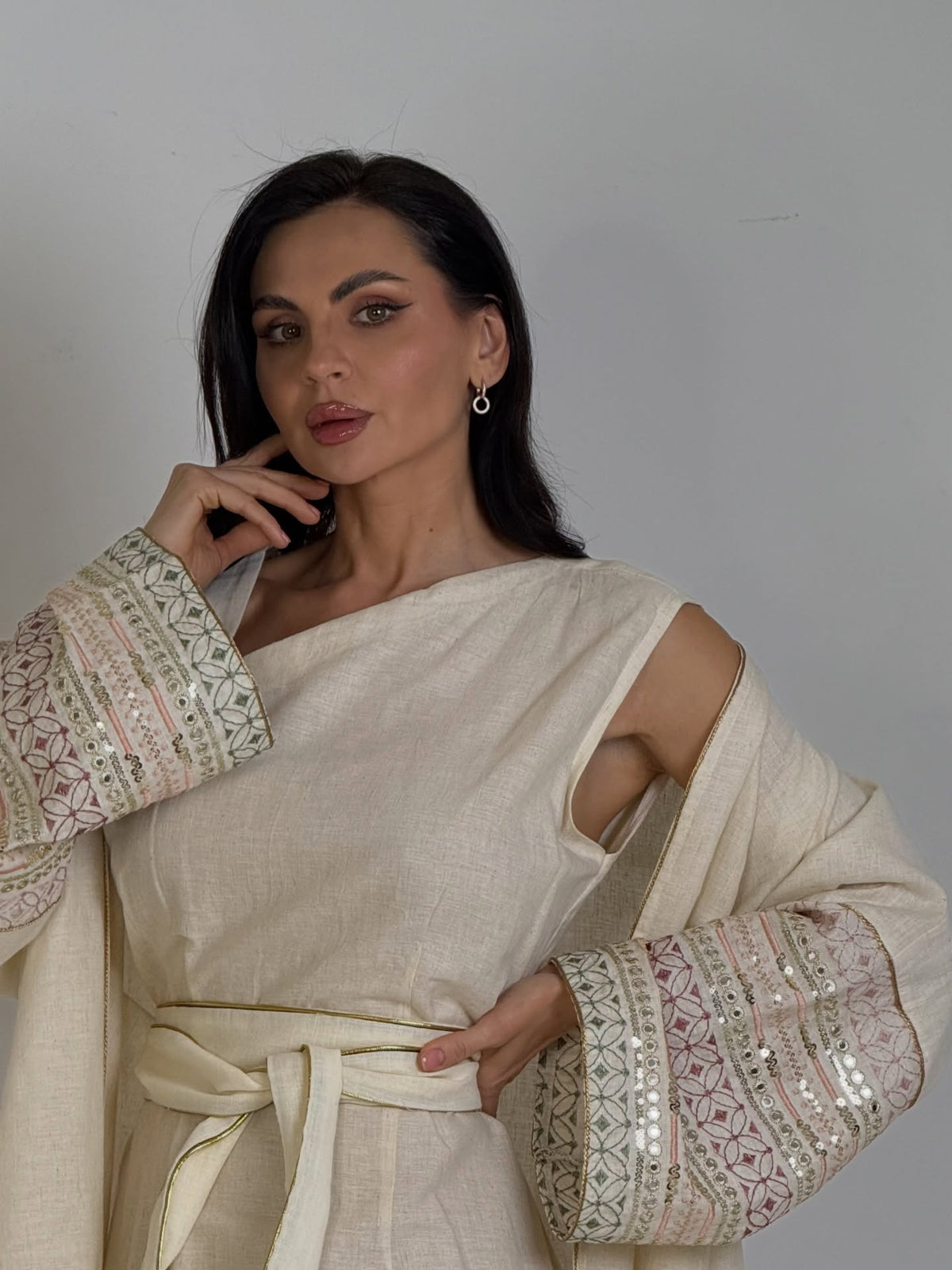The Off-White Embroidered Linen Abaya Set