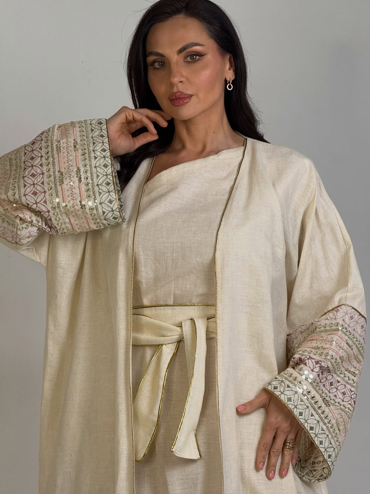 The Off-White Embroidered Linen Abaya Set