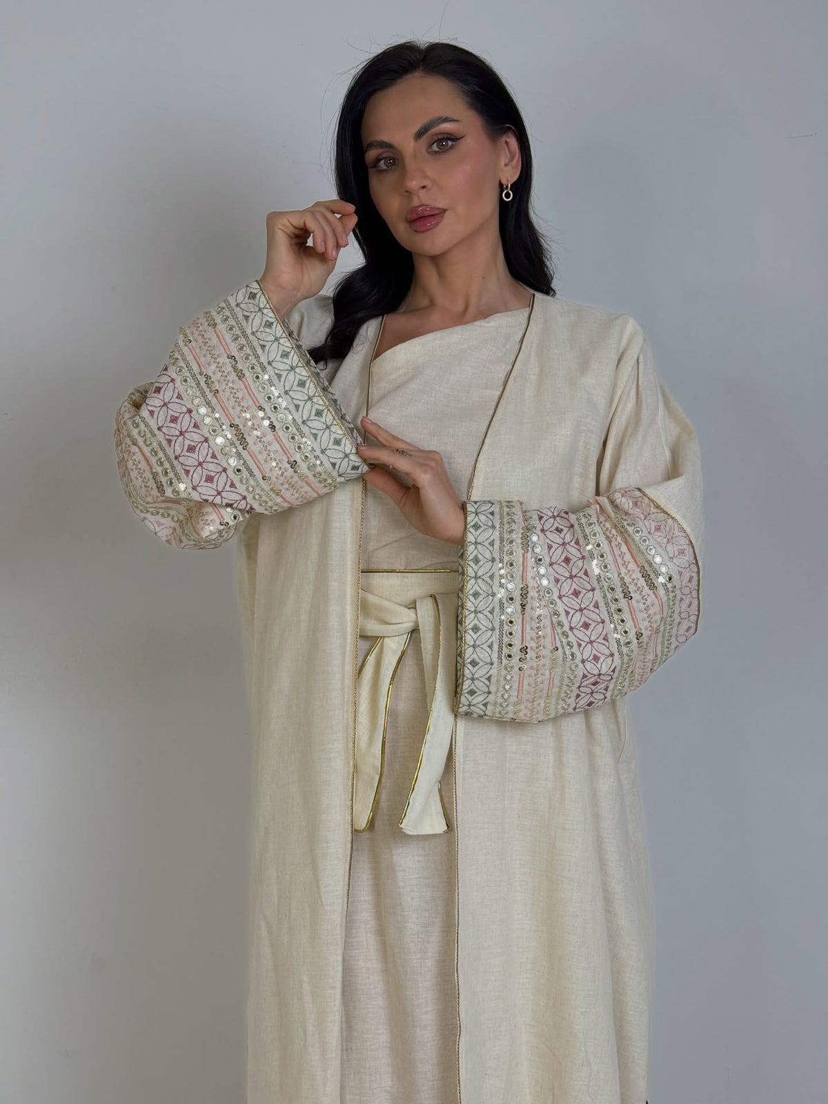 The Off-White Embroidered Linen Abaya Set