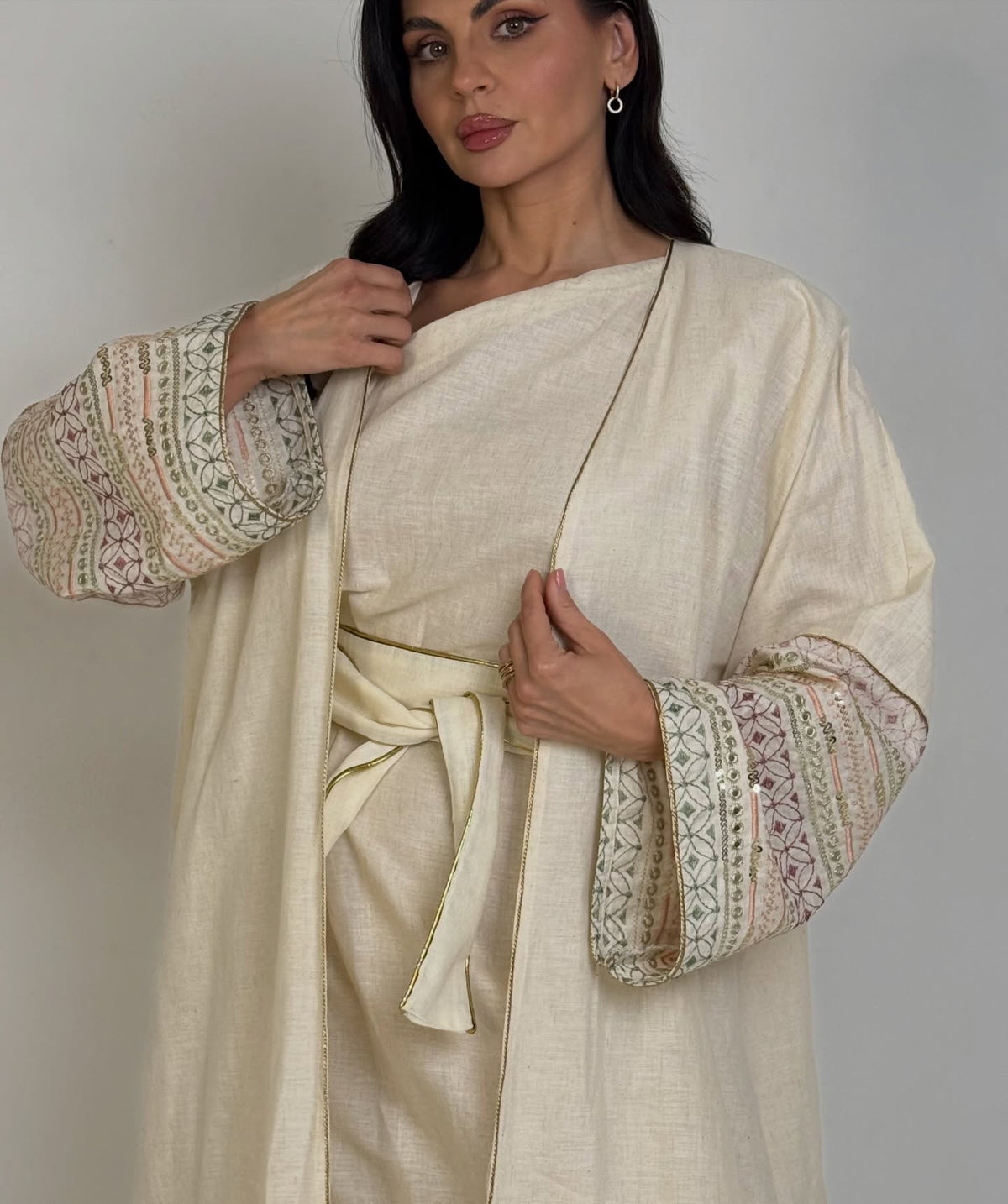 The Off-White Embroidered Linen Abaya Set