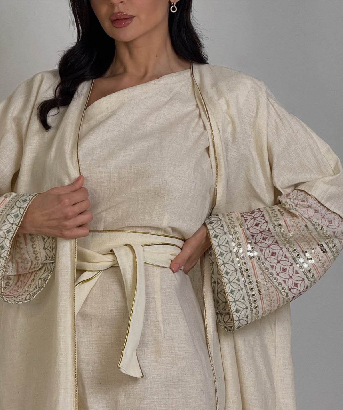 The Off-White Embroidered Linen Abaya Set