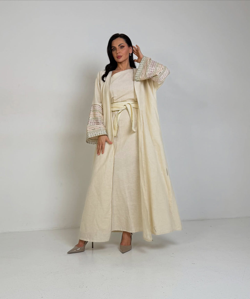 The Off-White Embroidered Linen Abaya Set