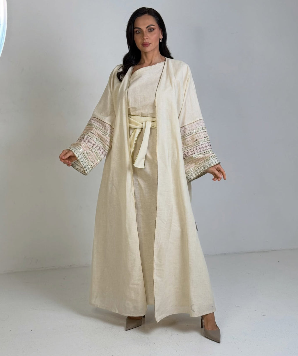 The Off-White Embroidered Linen Abaya Set