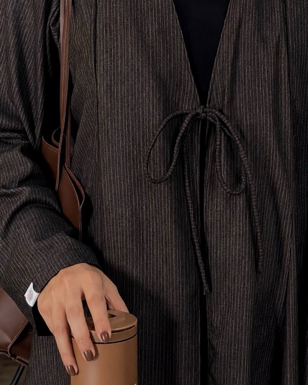 The Espresso Pinstripe Front-Tie Abaya
